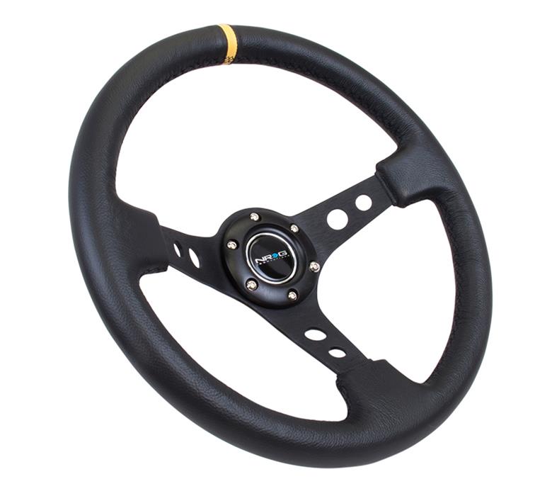 NRG Reinforced Steering Wheel (350mm / 3in. Deep) Blk Leather w/Blk Cutout Spoke/Yellow Center Mark thumbnail 3