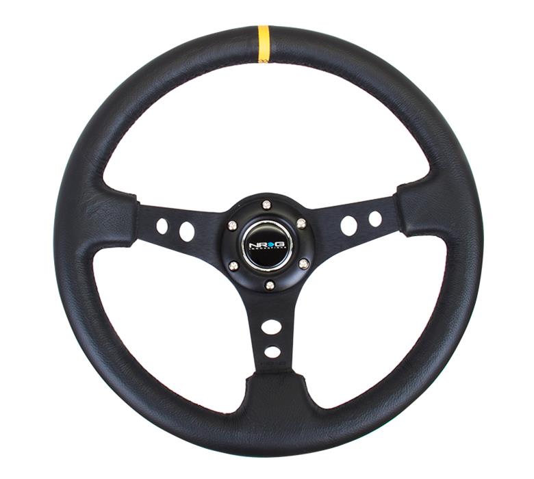 NRG Reinforced Steering Wheel (350mm / 3in. Deep) Blk Leather w/Blk Cutout Spoke/Yellow Center Mark thumbnail 2
