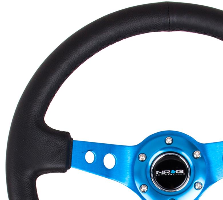 NRG Reinforced Steering Wheel (350mm / 3in. Deep) Blk Leather w/Blue Circle Cutout Spokes thumbnail 2