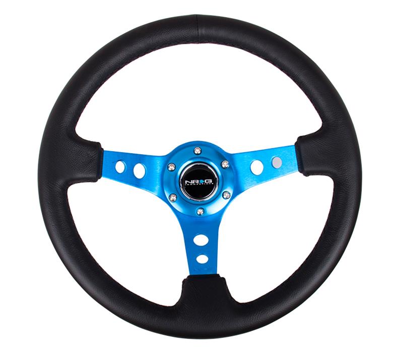 NRG Reinforced Steering Wheel (350mm / 3in. Deep) Blk Leather w/Blue Circle Cutout Spokes thumbnail 3