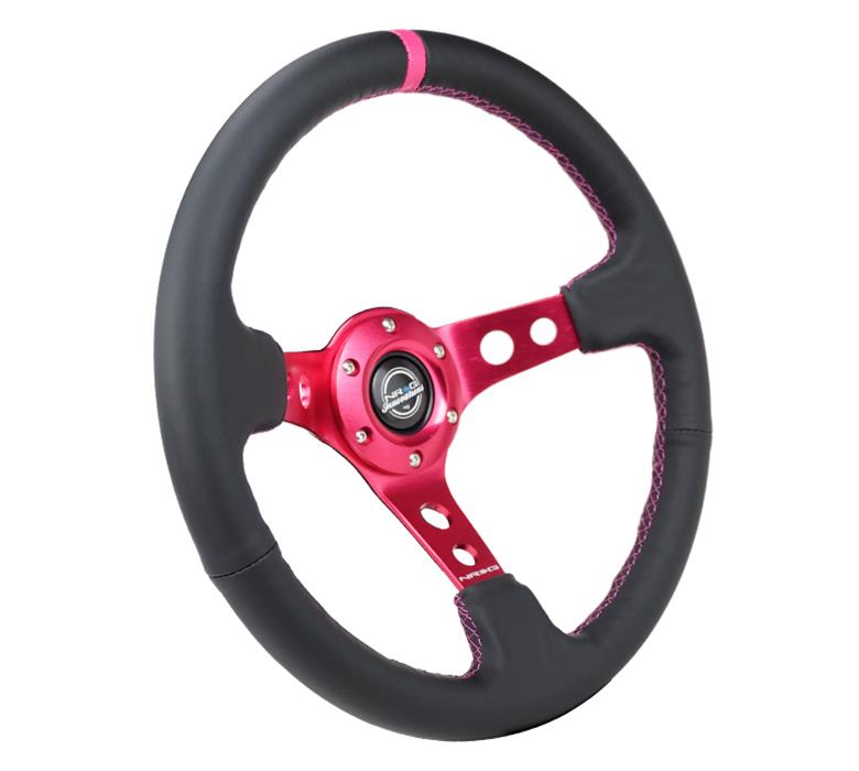 NRG Reinforced Steering Wheel (350mm/3in. Deep) Black Leather/ Fushia Center Mark/ Fushia Stitching thumbnail 3