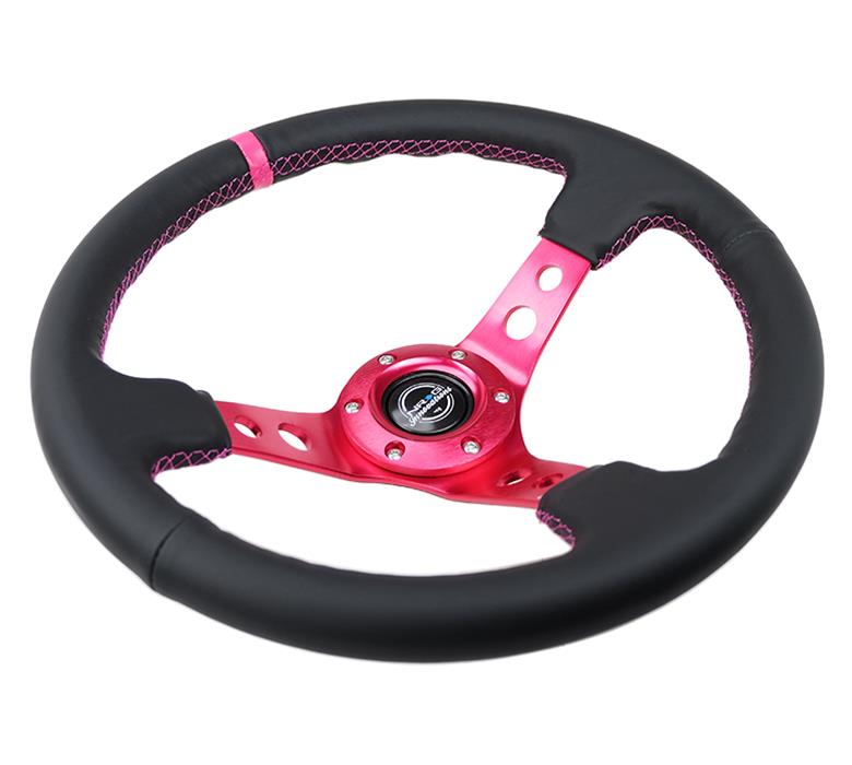 NRG Reinforced Steering Wheel (350mm/3in. Deep) Black Leather/ Fushia Center Mark/ Fushia Stitching thumbnail 2