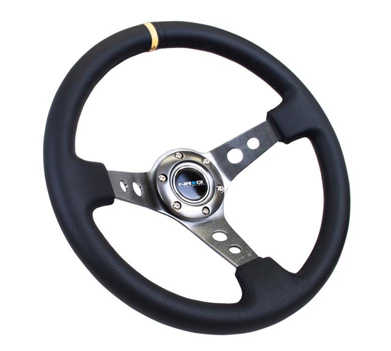 NRG Reinforced Steering Wheel (350mm / 3in. Deep) Blk Leather w/Gunmetal Cutout Spoke & Yellow CM thumbnail 2