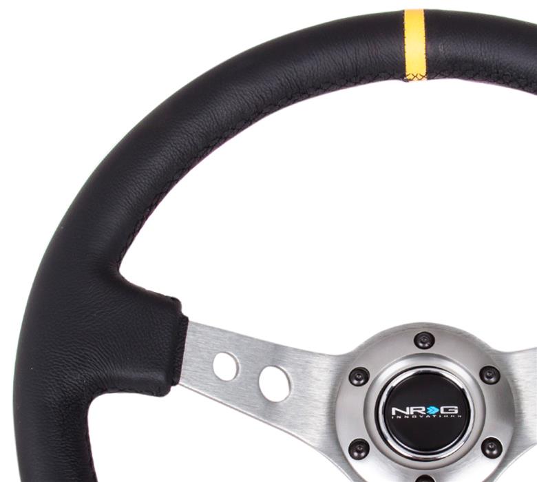 NRG Reinforced Steering Wheel (350mm / 3in. Deep) Blk Leather w/Gunmetal Cutout Spoke & Yellow CM