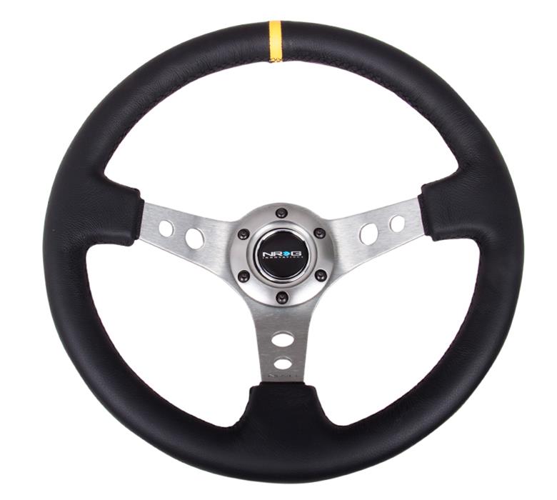 NRG Reinforced Steering Wheel (350mm / 3in. Deep) Blk Leather w/Gunmetal Cutout Spoke & Yellow CM thumbnail 3