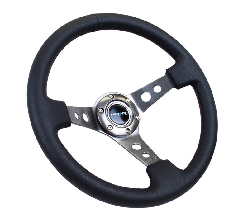 NRG Reinforced Steering Wheel (350mm / 3in. Deep) Blk Leather w/Gunmetal Circle Cutout Spokes thumbnail 3