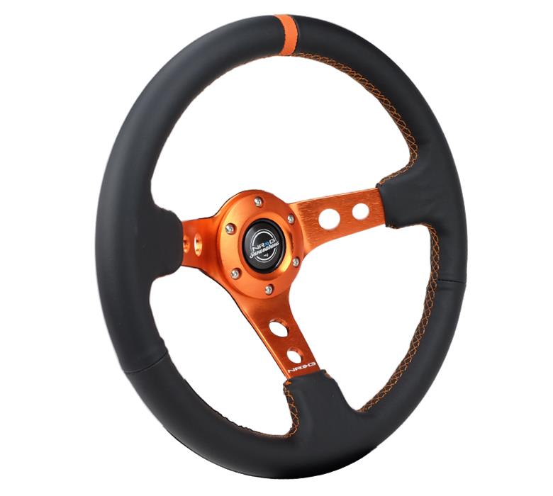 NRG Reinforce Steering Wheel (350mm / 3in. Deep) Blk Leather, Orange Center Mark w/ Orange Stitching thumbnail 3