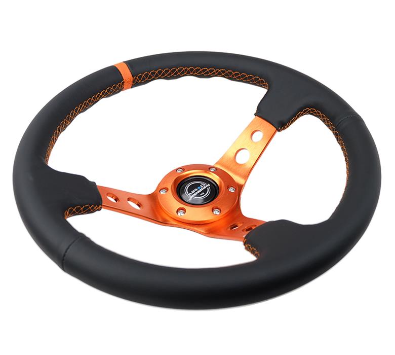 NRG Reinforce Steering Wheel (350mm / 3in. Deep) Blk Leather, Orange Center Mark w/ Orange Stitching thumbnail 2