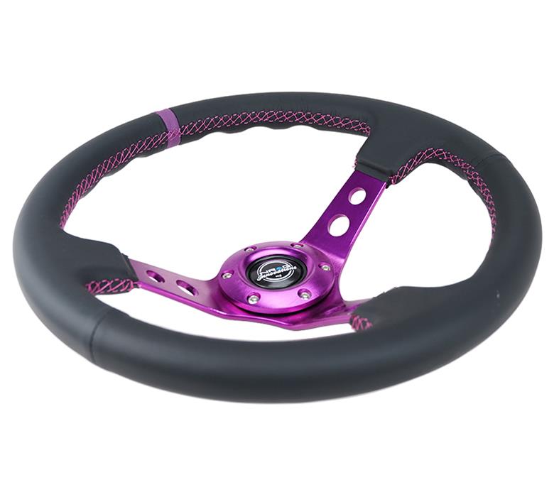 NRG Reinforced Steering Wheel (350mm / 3in. Deep) Black Leather w/Purple Center & Purple Stitching thumbnail 2
