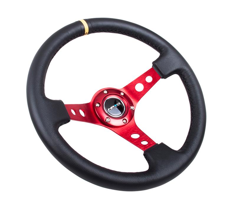 NRG Reinforced Steering Wheel (350mm / 3in. Deep) Blk Leather w/Red Spokes & Sgl Yellow Center Mark thumbnail 2
