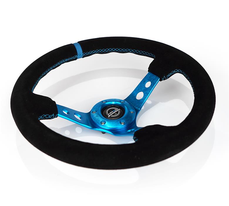 NRG Reinforced Steering Wheel (350mm) 3in Deep Blue Spoke W/ Holes - Black Suede Blue Stripe/Stitch thumbnail 2