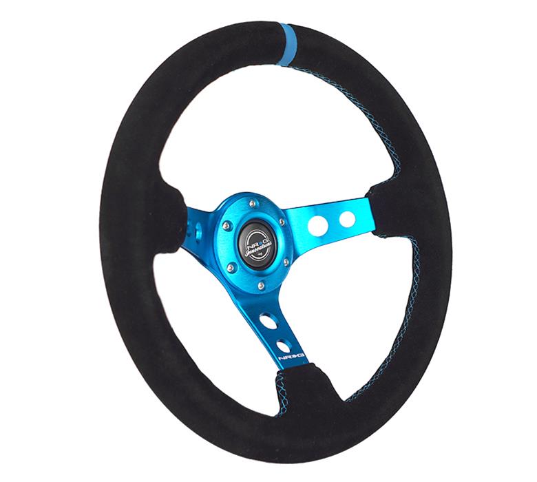 NRG Reinforced Steering Wheel (350mm) 3in Deep Blue Spoke W/ Holes - Black Suede Blue Stripe/Stitch thumbnail 3