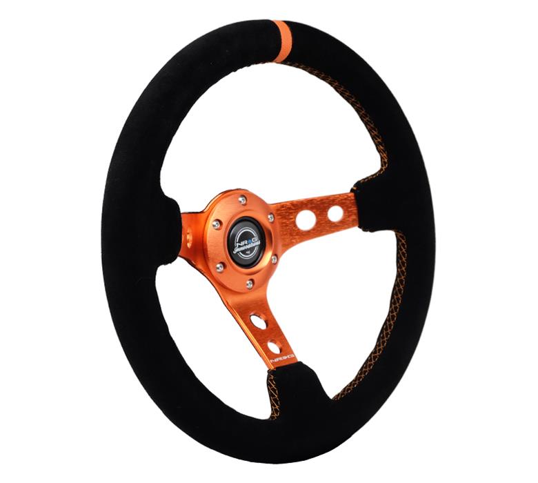 NRG Reinforced Steering Wheel (350mm/ 3in. Deep) Black Suede/ Orange Center Mark/ Orange Stitching thumbnail 3