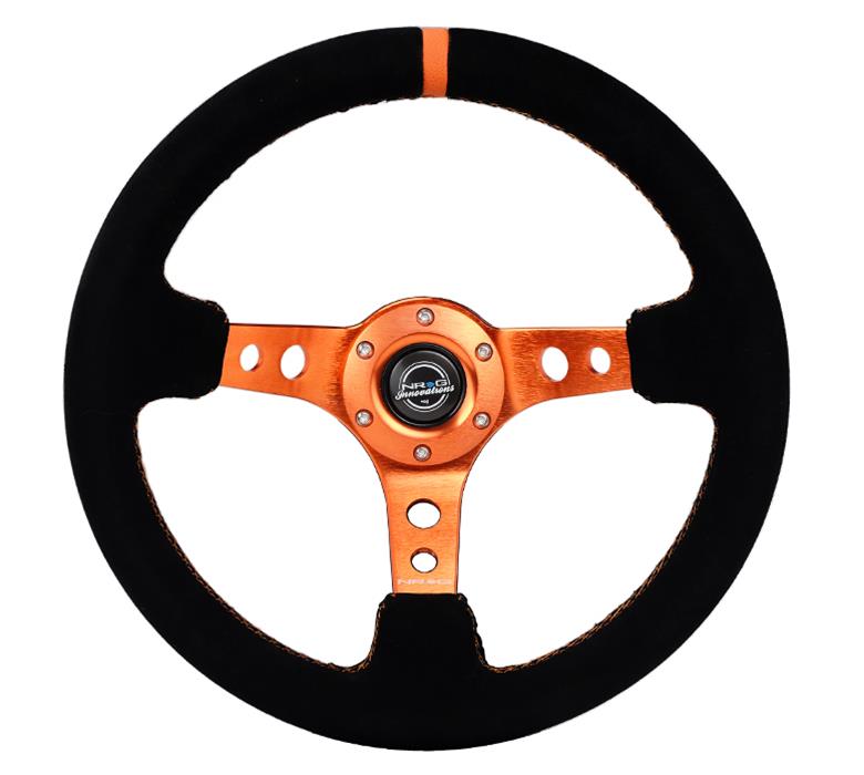 NRG Reinforced Steering Wheel (350mm/ 3in. Deep) Black Suede/ Orange Center Mark/ Orange Stitching thumbnail 2