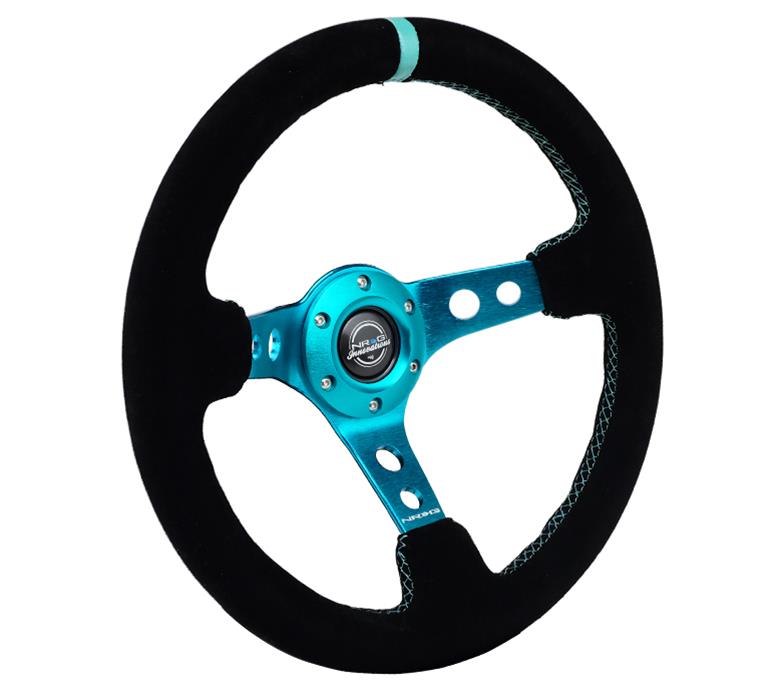 NRG Reinforced Steering Wheel (350mm/ 3in. Deep) Black Suede/ Teal Center Mark/ Teal Stitching thumbnail 3