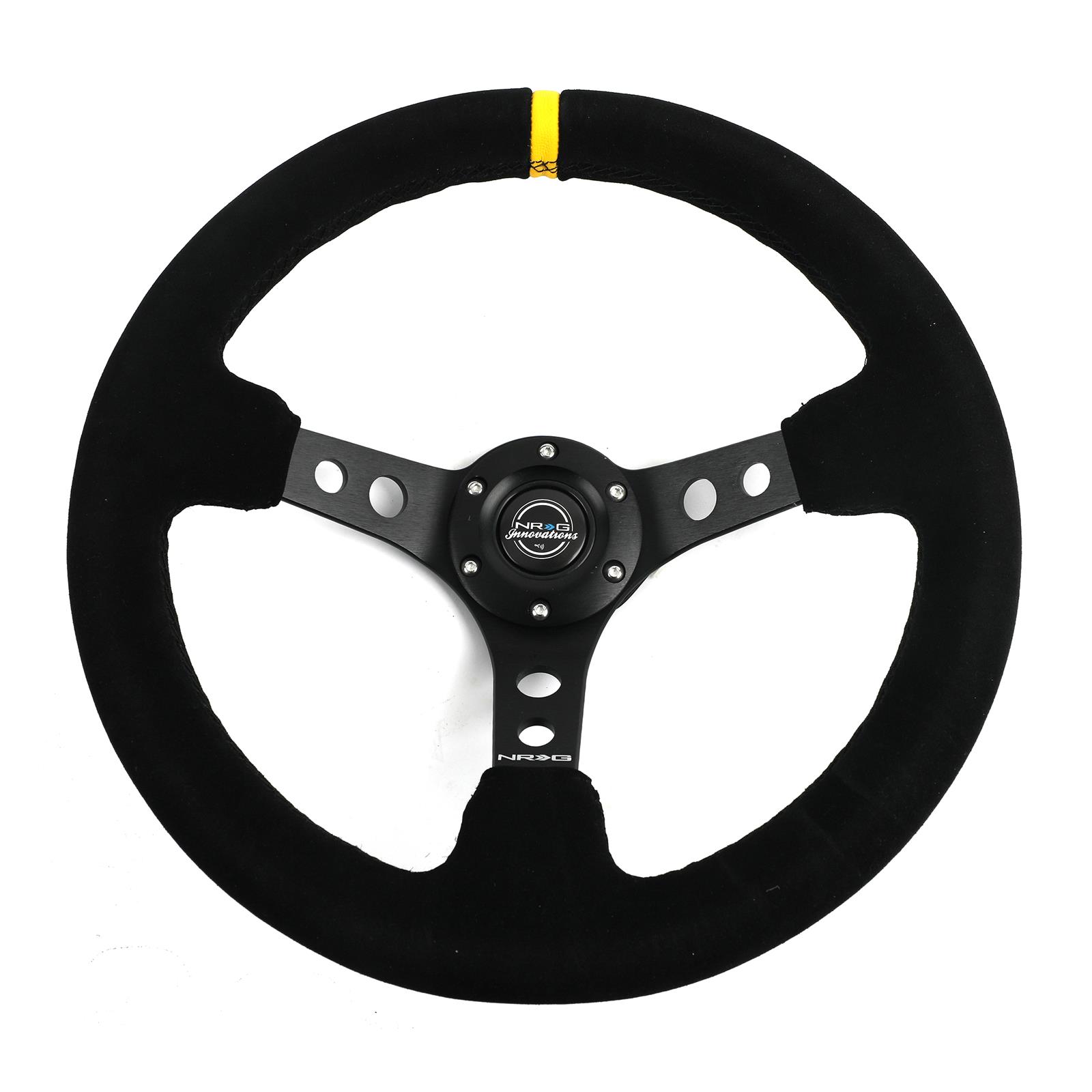 NRG Reinforced Steering Wheel (350mm / 3in. Deep) Blk Suede w/Circle Cut Spokes & Single Yellow CM thumbnail 2