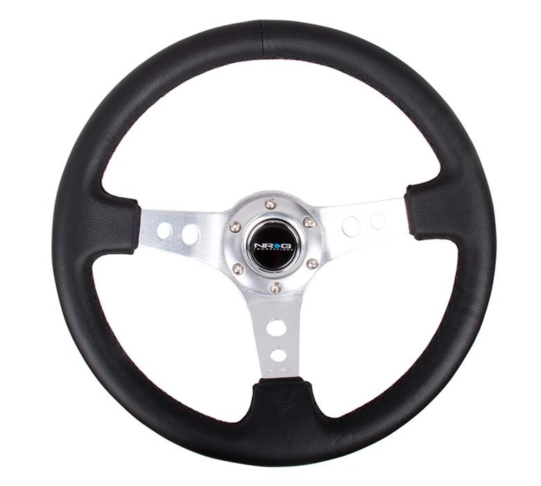 NRG Reinforced Steering Wheel (350mm / 3in. Deep) Blk Leather w/Silver Spoke & Circle Cutouts thumbnail 2
