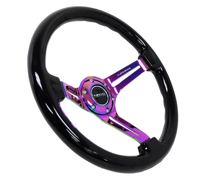 NRG Reinforced Steering Wheel (350mm / 3in. Deep) Blk Wood w/Blk Matte Spoke/Neochrome Center Mark thumbnail 3