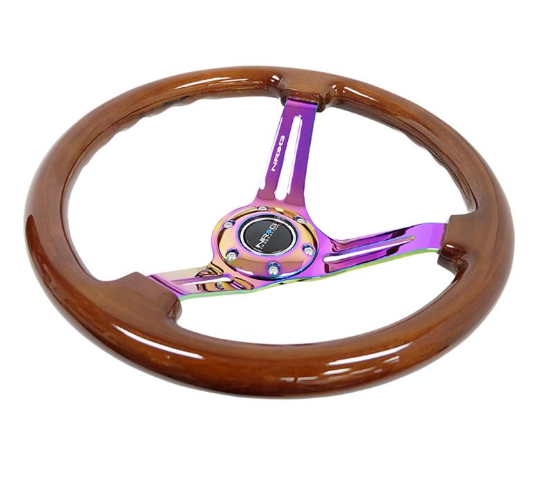 NRG Reinforced Steering Wheel (350mm / 3in. Deep) Brown Wood w/Blk Matte Spoke/Neochrome Center Mark thumbnail 2