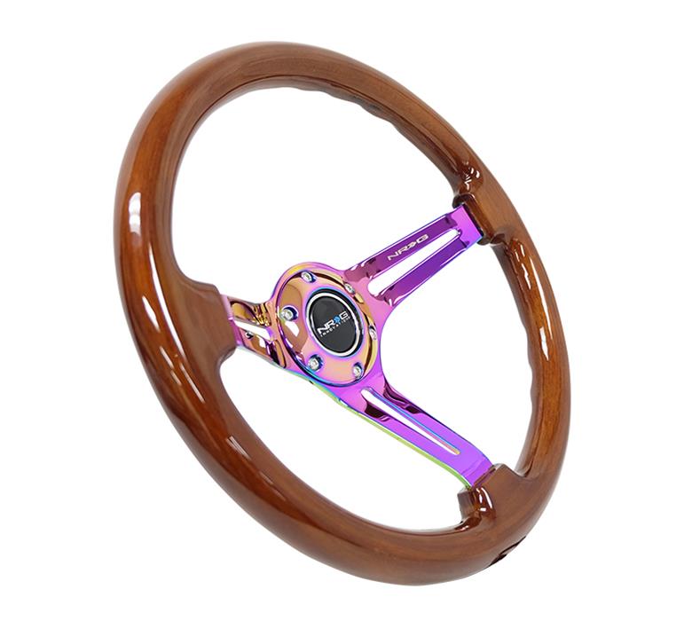 NRG Reinforced Steering Wheel (350mm / 3in. Deep) Brown Wood w/Blk Matte Spoke/Neochrome Center Mark thumbnail 3