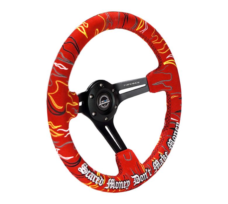 NRG Reinforced Steering Wheel (3in. Deep) Ryan Litteral Sig Blk Alcan, Red Stich, Flame Embroidery thumbnail 4