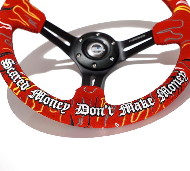 NRG Reinforced Steering Wheel (3in. Deep) Ryan Litteral Sig Blk Alcan, Red Stich, Flame Embroidery