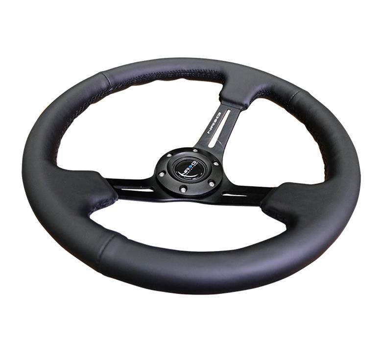 NRG Reinforced Steering Wheel (350mm / 3in. Deep) Black Leather w/ Black Stitching thumbnail 2