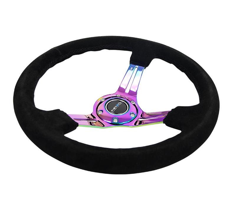 NRG Reinforced Steering Wheel (350mm / 3in. Deep) Blk Suede/Blk Stitch w/Neochrome Slits thumbnail 3