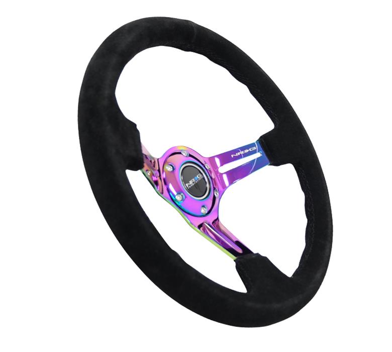 NRG Reinforced Steering Wheel (350mm / 3in. Deep) Blk Suede/Blk Stitch w/Neochrome Slits thumbnail 2