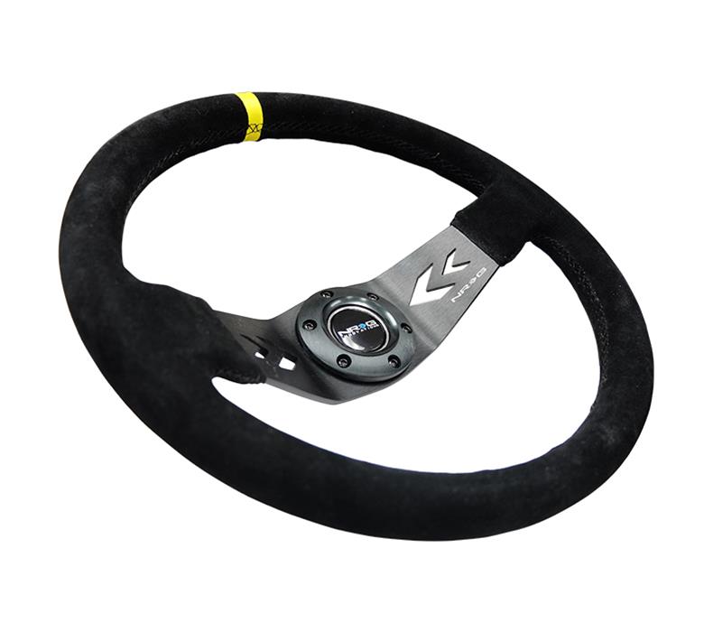 NRG Reinforced Steering Wheel (350mm / 3in. Deep) Blk Suede w/NRG Arrow Cut 2-Spoke & Yellow Mark thumbnail 3