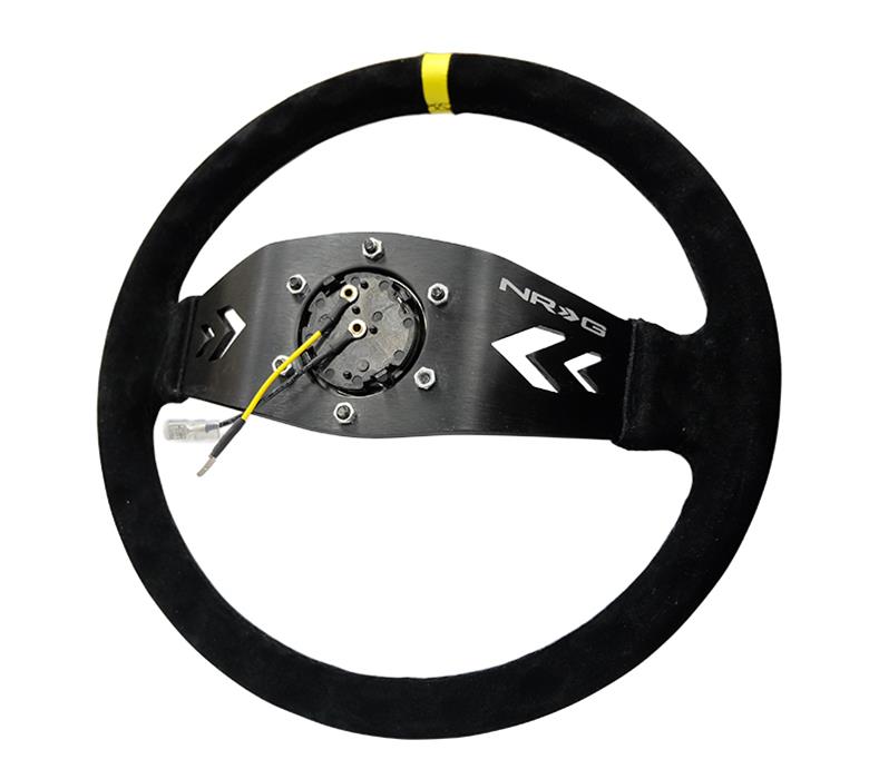 NRG Reinforced Steering Wheel (350mm / 3in. Deep) Blk Suede w/NRG Arrow Cut 2-Spoke & Yellow Mark