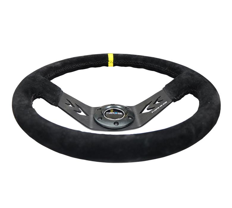 NRG Reinforced Steering Wheel (350mm / 3in. Deep) Blk Suede w/NRG Arrow Cut 2-Spoke & Yellow Mark thumbnail 4