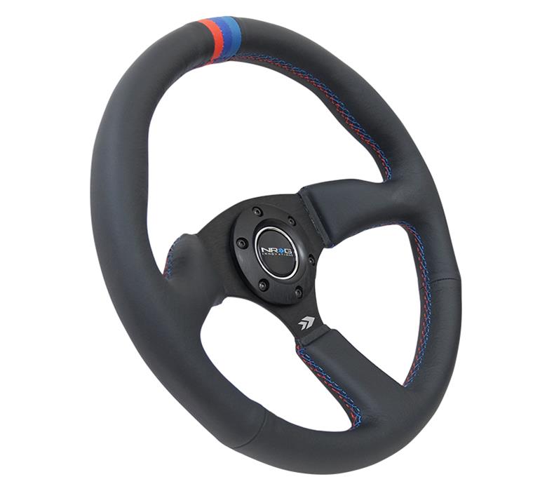 NRG Reinforced Steering Wheel (350mm / 2.5in Deep) Blk Leather w/M3 stitch Matte Blk 3-Spoke Center thumbnail 4