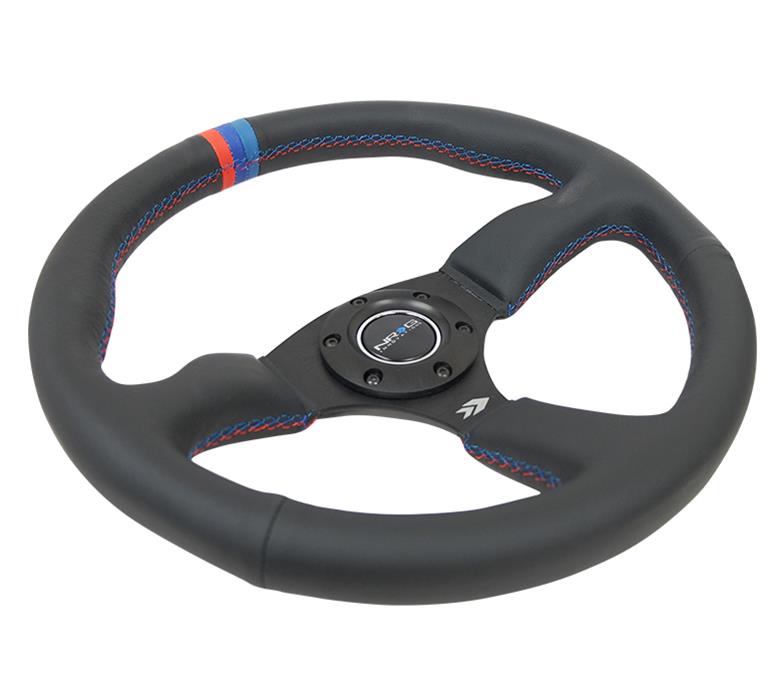 NRG Reinforced Steering Wheel (350mm / 2.5in Deep) Blk Leather w/M3 stitch Matte Blk 3-Spoke Center thumbnail 3