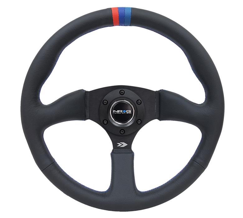 NRG Reinforced Steering Wheel (350mm / 2.5in Deep) Blk Leather w/M3 stitch Matte Blk 3-Spoke Center thumbnail 2
