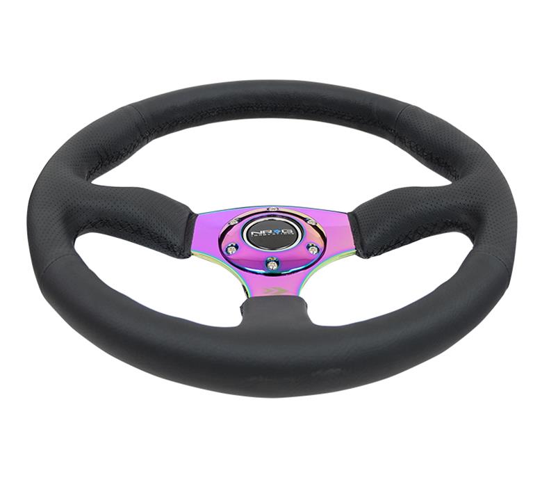 NRG Reinforced Steering Wheel (350mm / 2.5in. Deep) Leather Race Comfort Grip w/4mm Neochrome Spokes thumbnail 4