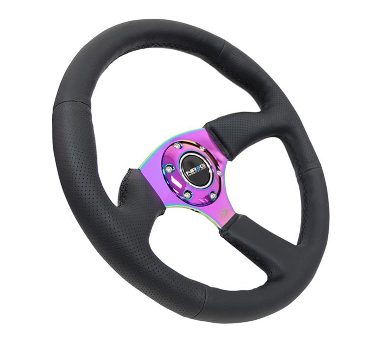 NRG Reinforced Steering Wheel (350mm / 2.5in. Deep) Leather Race Comfort Grip w/4mm Neochrome Spokes thumbnail 3