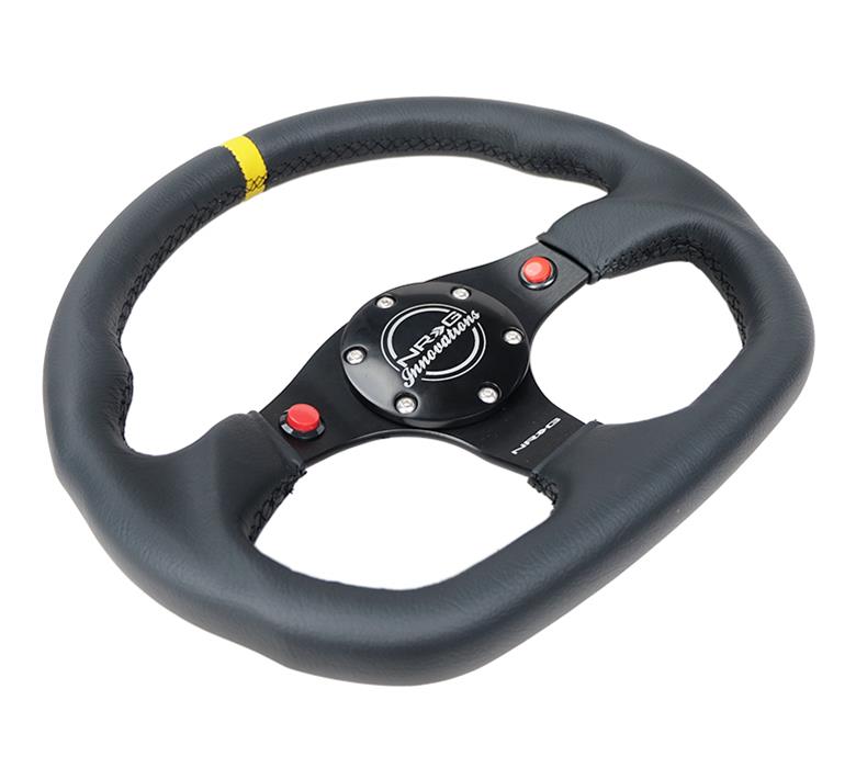 NRG Reinforced Steering Wheel (320mm) Sport Leather Dual Push Buttons Flat Bottom w/ Yellow Center thumbnail 2