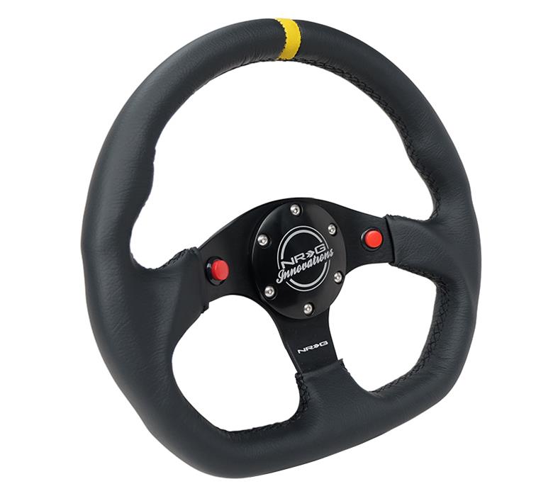 NRG Reinforced Steering Wheel (320mm) Sport Leather Dual Push Buttons Flat Bottom w/ Yellow Center thumbnail 3