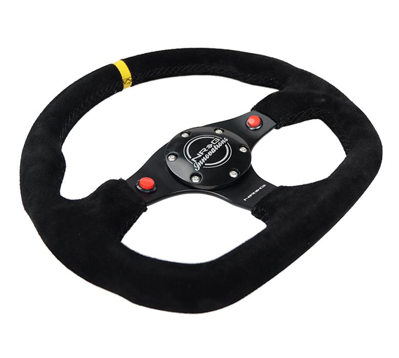 NRG Reinforced Steering Wheel (320mm) Sport Suede Dual Push Buttons Flat Bottom w/ Yellow Center thumbnail 2