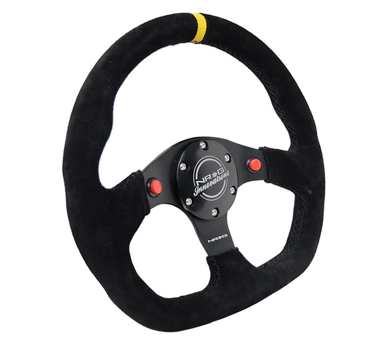 NRG Reinforced Steering Wheel (320mm) Sport Suede Dual Push Buttons Flat Bottom w/ Yellow Center thumbnail 3