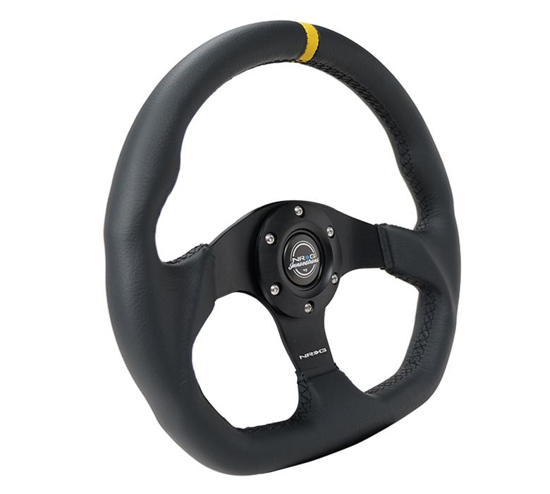 NRG Reinforced Steering Wheel (320mm) Sport Leather Flat Bottom w/ Yellow Center Mark thumbnail 2