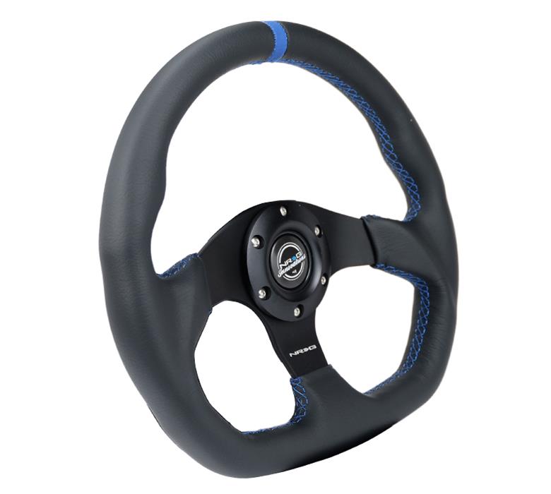 NRG Reinforced Steering Wheel (320mm) Sport Leather Flat Bottom w/ Blue Center/ Blue Stitching thumbnail 3