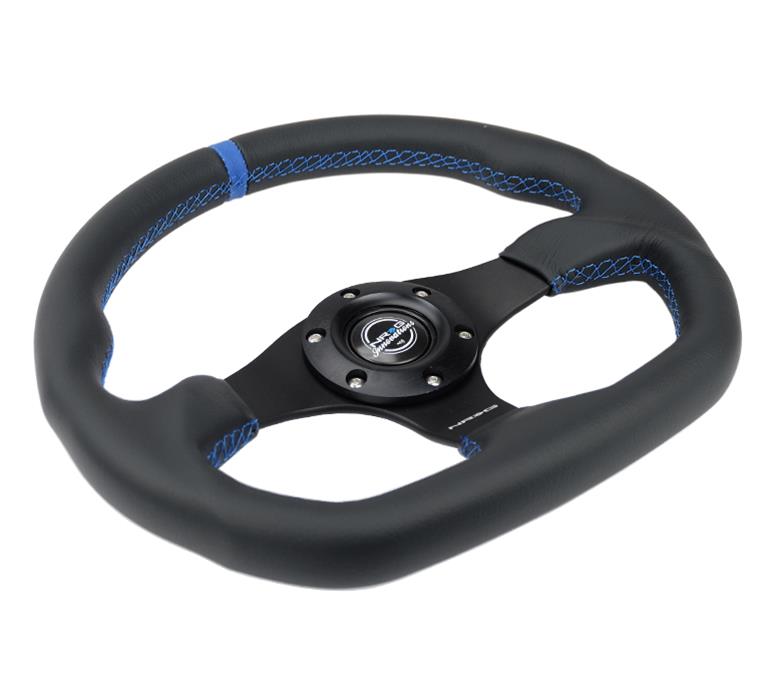 NRG Reinforced Steering Wheel (320mm) Sport Leather Flat Bottom w/ Blue Center/ Blue Stitching thumbnail 2