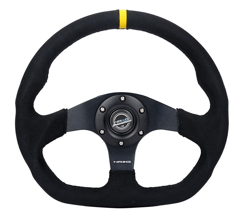 NRG Reinforced Steering Wheel (320mm) Sport Alcantara Flat Bottom w/ Yellow Center Mark