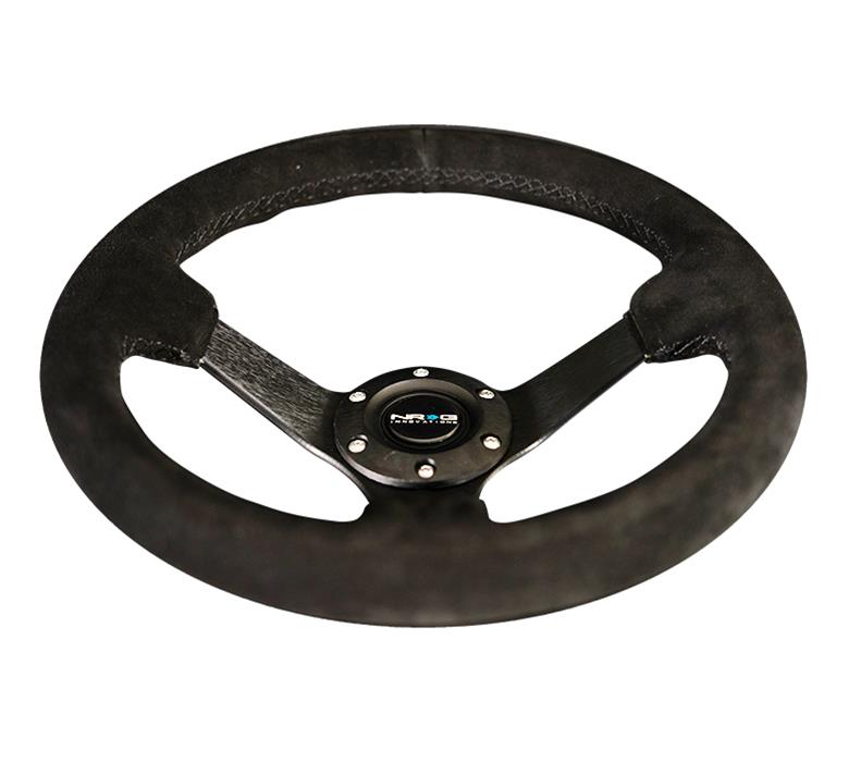 NRG Reinforced Steering Wheel (330mm / 3in Deep) Blk Suede w/Criss Cross Stitch w/Blk 3-Spoke Center thumbnail 2