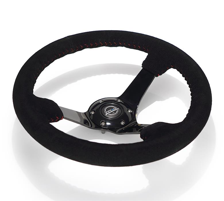 NRG Reinforced Steering Wheel (350mm / 3in. Deep) Blk Suede w/Red BBall Stitch & Black 3-Spoke thumbnail 2