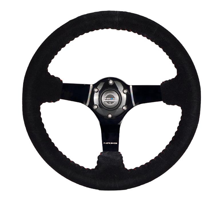 NRG Reinforced Steering Wheel (350mm / 3in. Deep) Blk Suede w/Red BBall Stitch & Black 3-Spoke