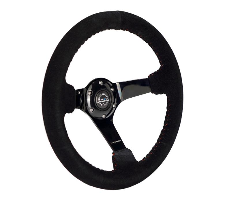 NRG Reinforced Steering Wheel (350mm / 3in. Deep) Blk Suede w/Red BBall Stitch & Black 3-Spoke thumbnail 3