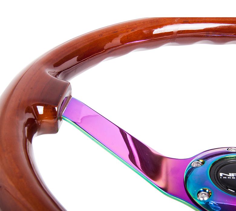 NRG Reinforced Steering Wheel (350mm / 3in Deep) Classic Blk Wood Grain w/Neochrome 3-Spoke Center thumbnail 2